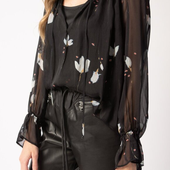 FORTE FORTE Chiffon Silk Bohemian Shirt in Floral Black and White - Picture 3 of 6